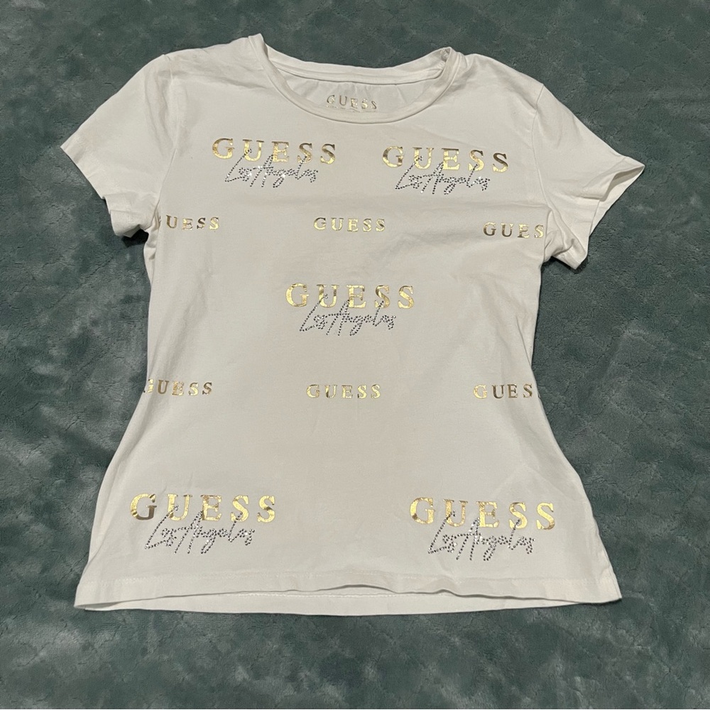 Y2K GUESS White T-Shirt with Gold‎ Accents